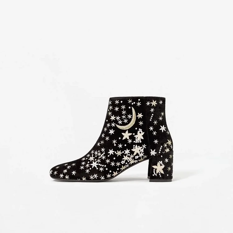 Black Vegan Suede Embroider Chunky Heel Boots Ankle Boots |FSJ Shoes