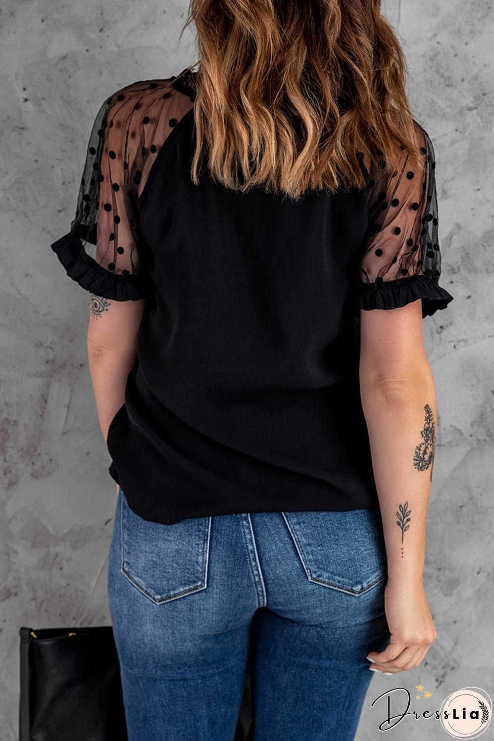 Polka Dot Lace Trim Spliced Mesh Blouse