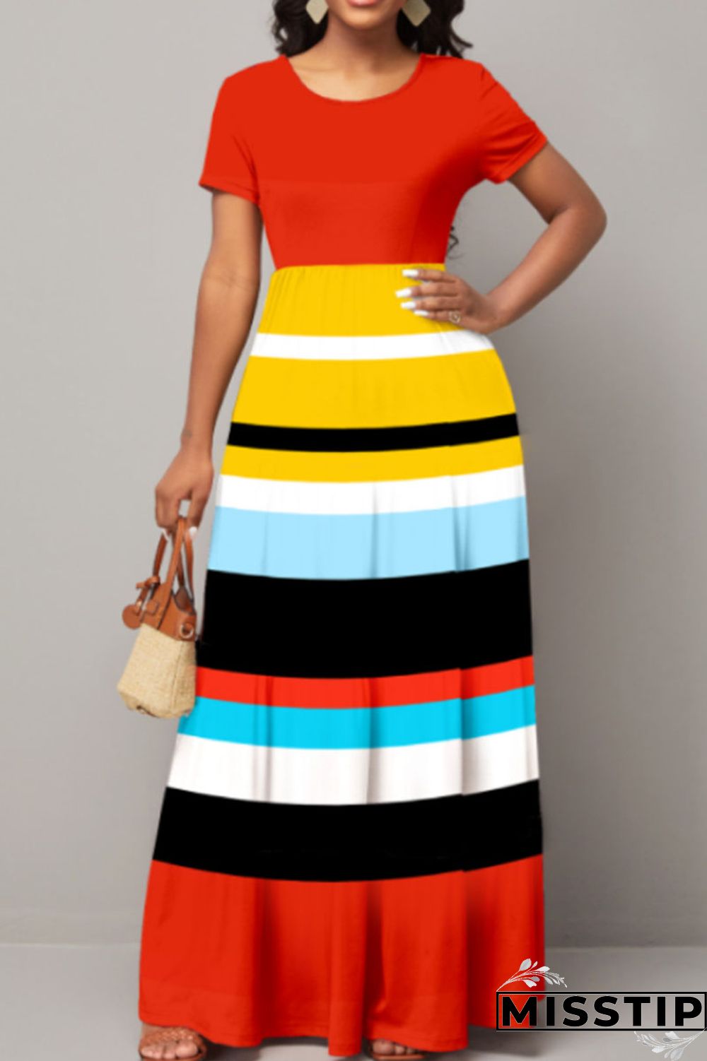 Red Casual Elegant Striped Print Patchwork O Neck A Line Dresses