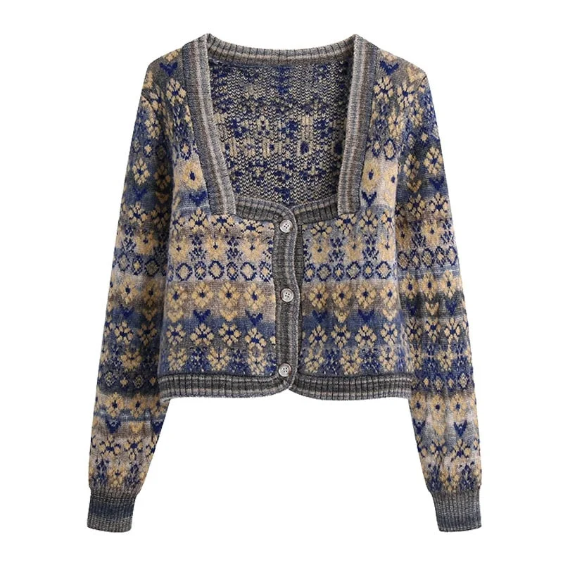 KPYTOMOA Women 2021 Fashion Jacquard Cropped Knitted Cardigan Sweater Vintage Long Sleeve Button-up Female Outerwear Chic Tops