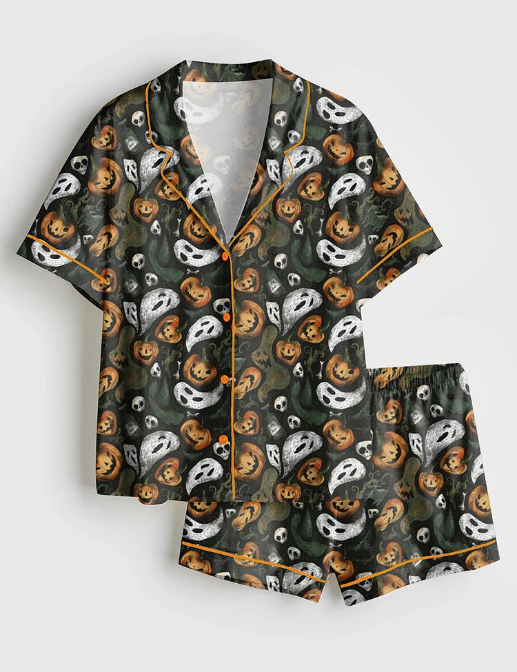 Women&rsquo;s Halloween Party Ghost Pumpkin Short Sleeve Satin Pajama Set