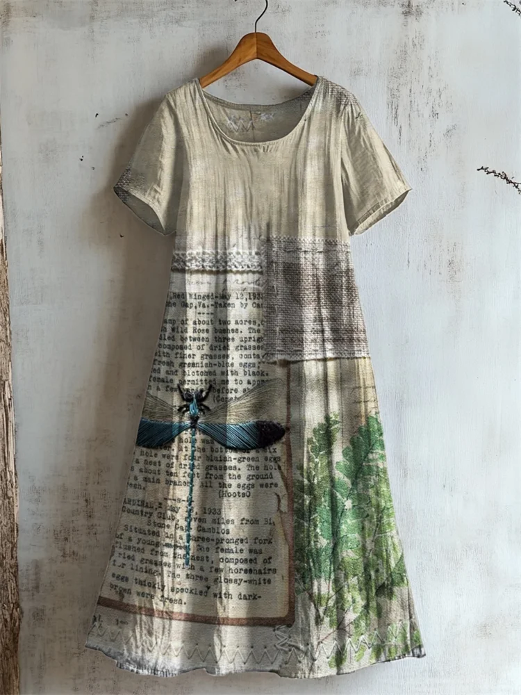 Simpfit Vintage Kleid aus Nachahmung aus Nachahmung aus Baumwolle und Leinen mit Libellenstickerei