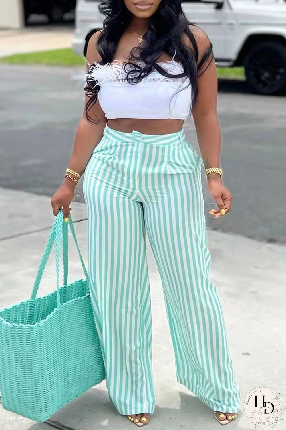 Red Casual Striped Print Patchwork Straight High Waist Wide Leg Full Print Bottoms