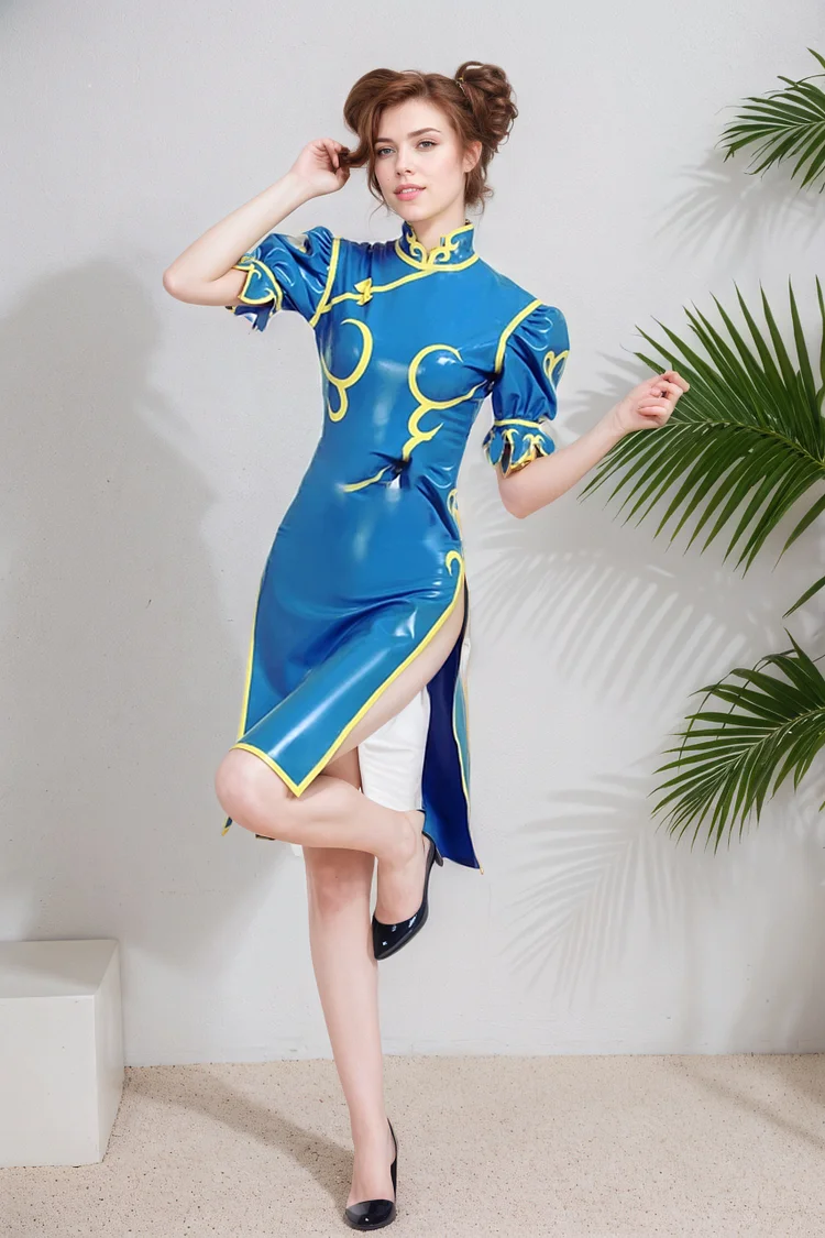 Women Latex Dress Street Fighter Chun-Li Cosplay Bodycon Cheongsam