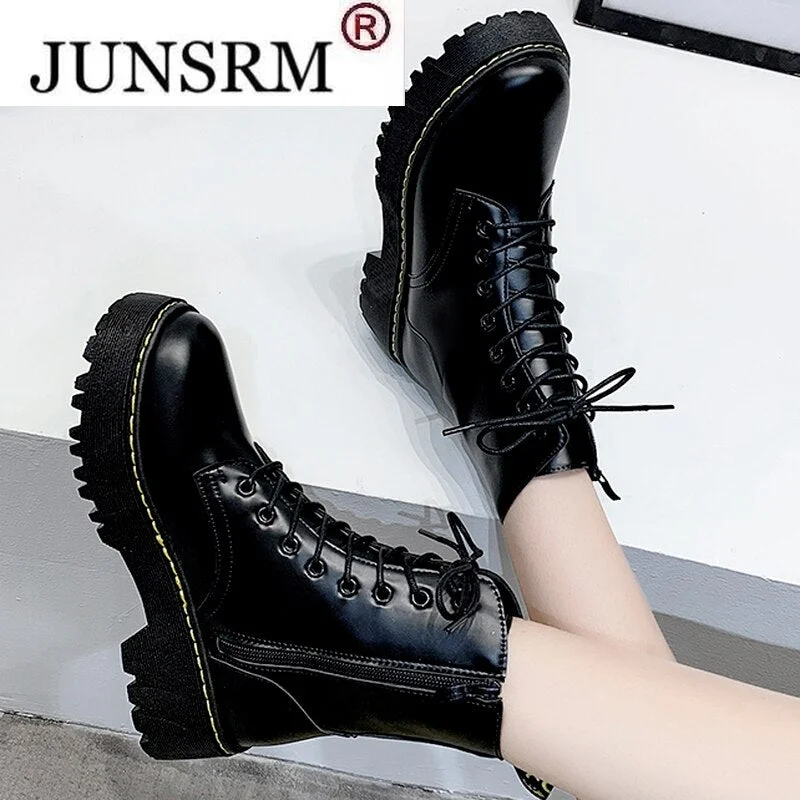 2021 Winter Fashion Women's Boots Lace Up Round Head Women Martin Boots Black Mid Heel Square Heel PU Leather Boots Women