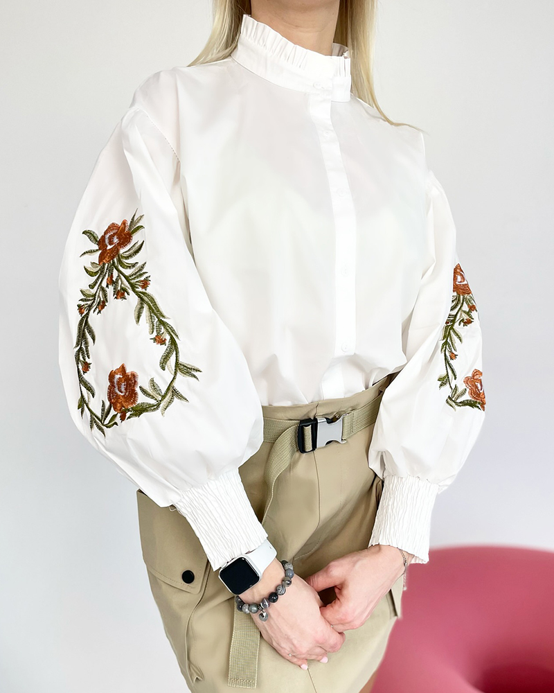 Floral Embroidery Ruffled Detail Stand Up Collar Puffed Sleeve Shirt