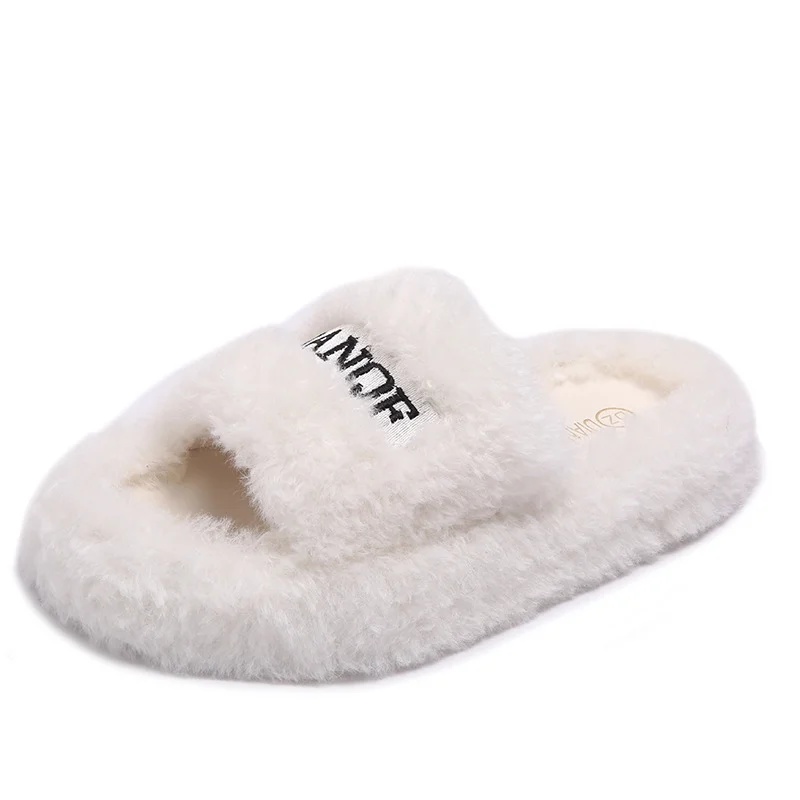 Yyvonne Plush Slippers Women Wear High-Level Spring And Autumn Leisure Home Thick Embroidery A Word Hairy Slippers