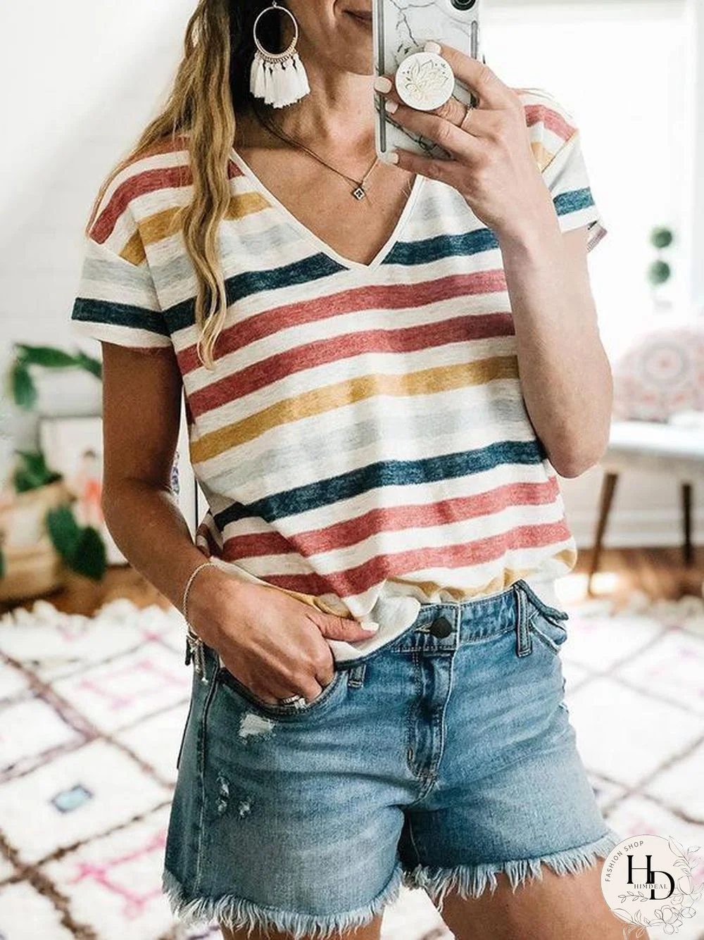 Stripe Pattern Women V-Neck T-Shirt