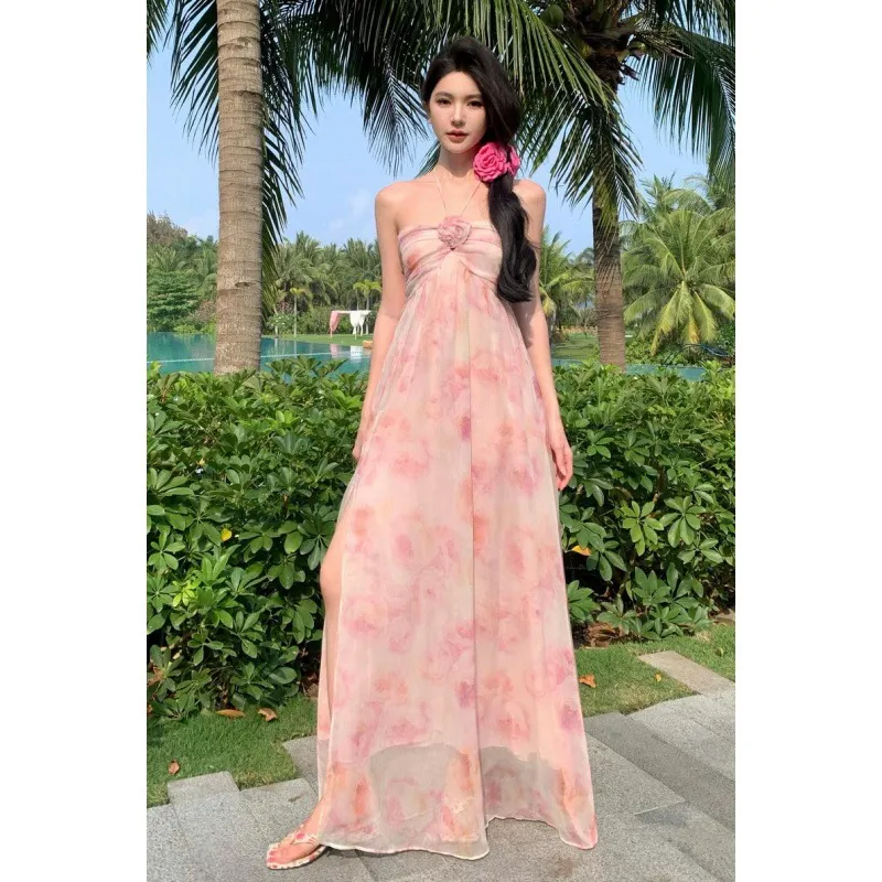 Uveng Uveng Sense Of Three-Dimensional Flower Small Minority Hanging Neck Type Dress Seaside Holiday Show Thin Dress