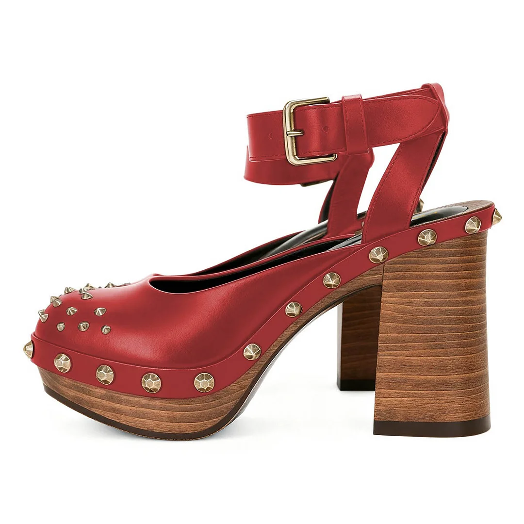 Women's Red Buckle Ankle Strap Studded Pumps Shoes with Platform