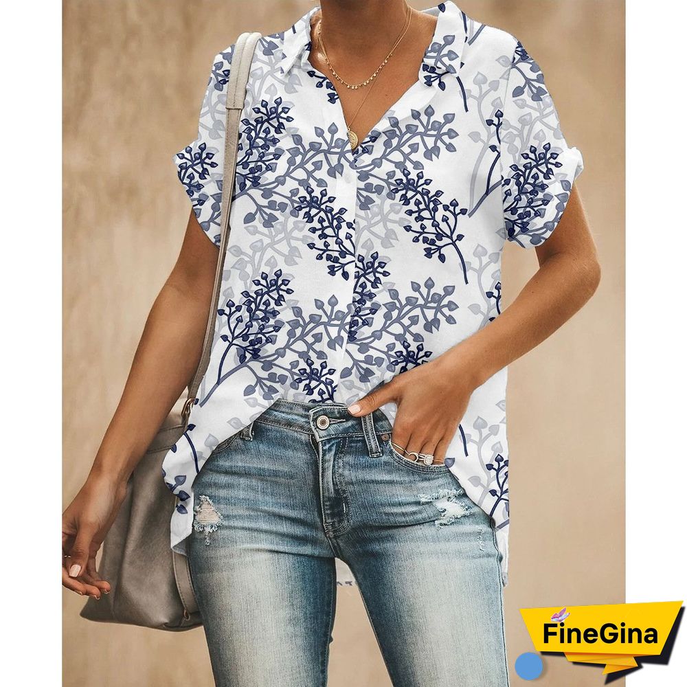 Printed Short Sleeve Lapel Women Shirt