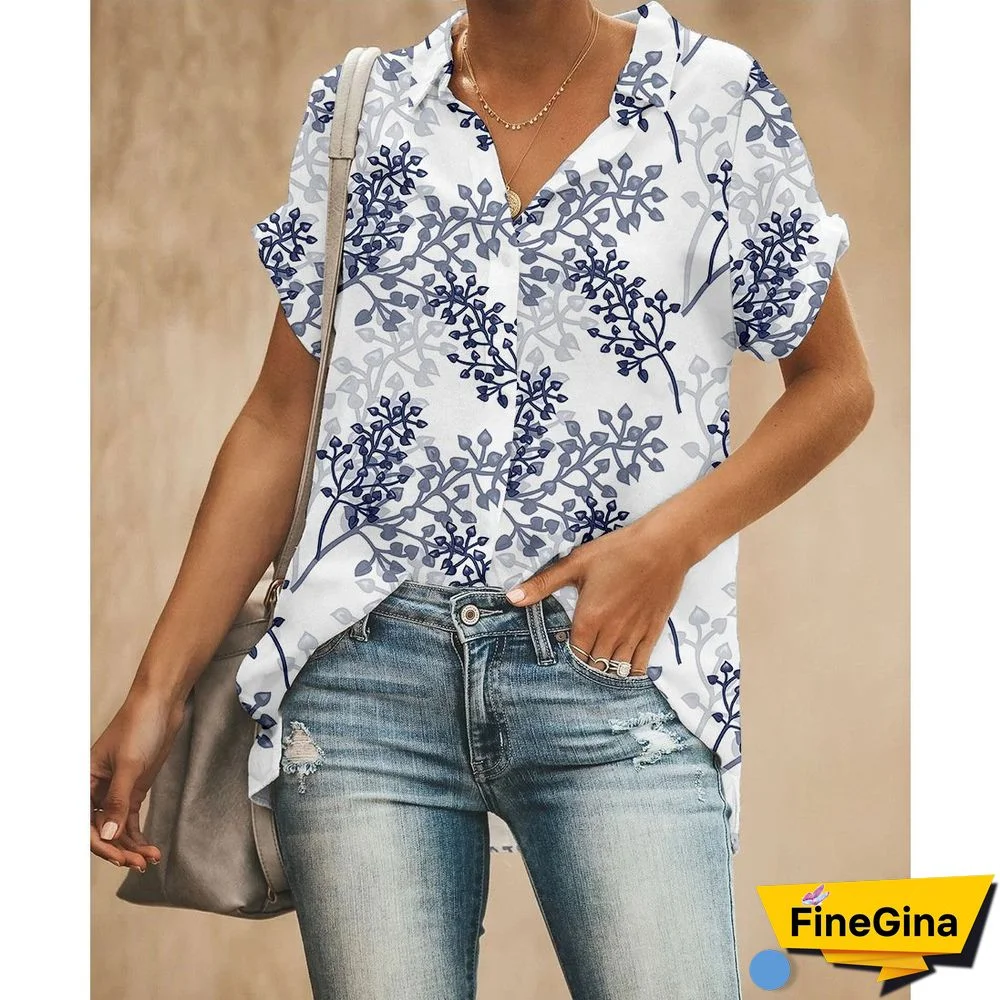 Printed Short Sleeve Lapel Women Shirt