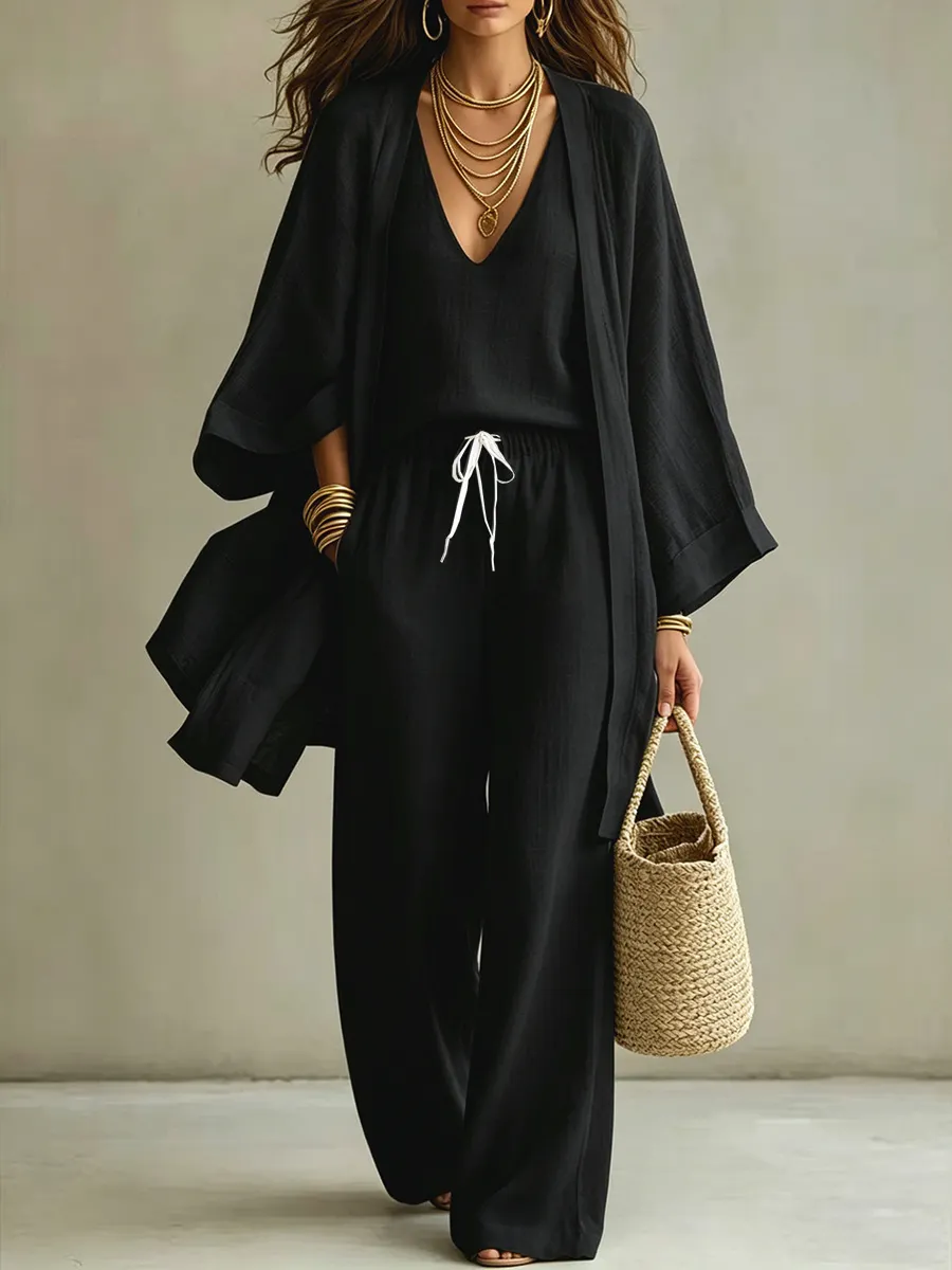 Women's 3 Pieces Linen Kimono Cardigan Tank & Wide Leg Pant Set