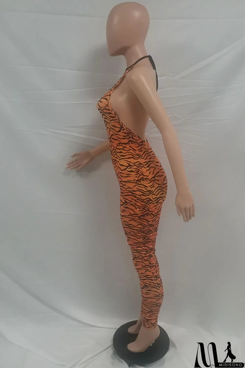 MidiSono - Gold Sexy Print Split Joint Halter Skinny Jumpsuits