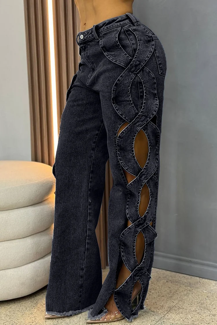 Denim Side Cutout Crossover Design Straight Leg Jeans-Blue