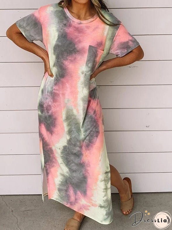 Dresses Tie-Dye Print Crew Neck Pocket Slit Dress for Women