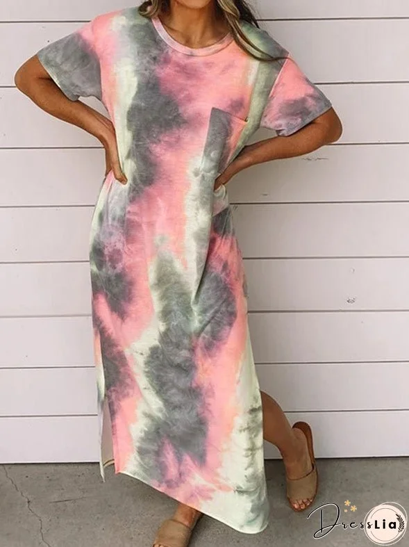 Dresses Tie-Dye Print Crew Neck Pocket Slit Dress for Women