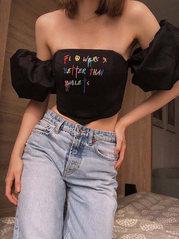 WannaThis Puff Sleeve Crop Tops Women Y2K Square Collar Vintage Embroidery Corset Sexy White Fashion Casual Chic Female Top 2021