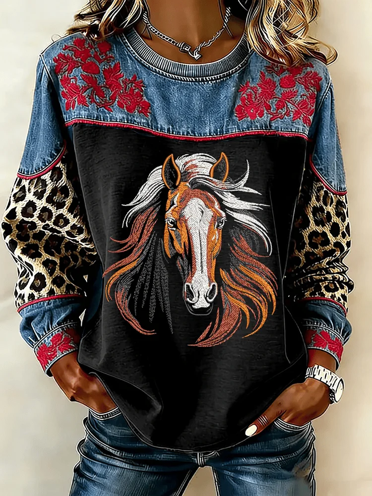 Women's Western Horse Print Crew Neck Sweatshirt 