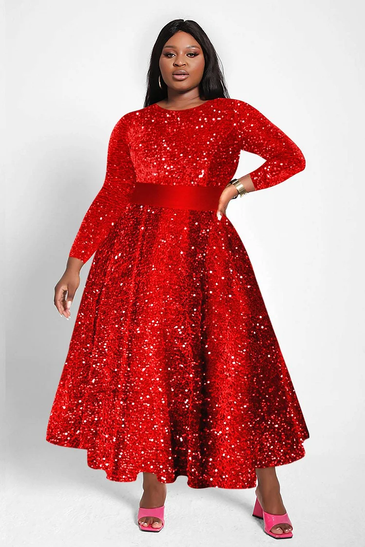 Xpluswear Design Plus Size Red Semi Formal Round Neck Long Sleeve Sequin Midi Dresses