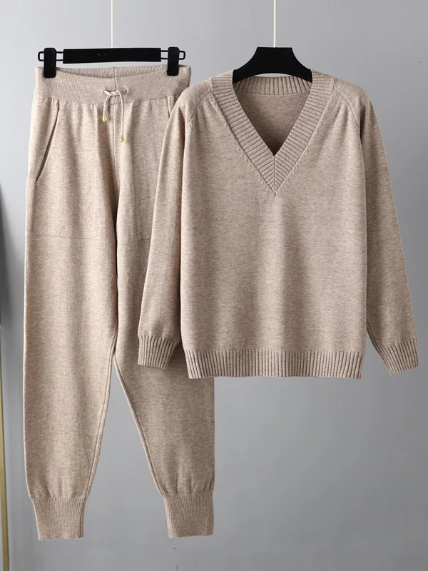 Casual Loose Harem Pants Solid Color V-Neck Sweater Tops Pants Two Pieces Set