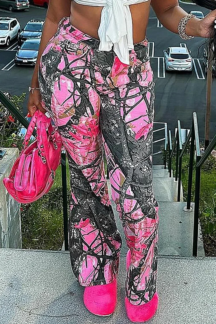 Bough Print High Waist Slim Fit Flared Pants-Pink