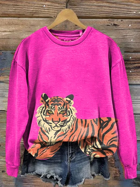 Pink Tiger Art Print Round Neck Long Sleeve Sweatshirt