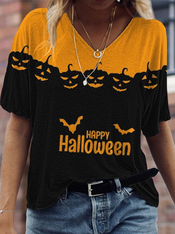 Women's Happy Halloween Pumpkin Face Print Casual V-Neck Tee