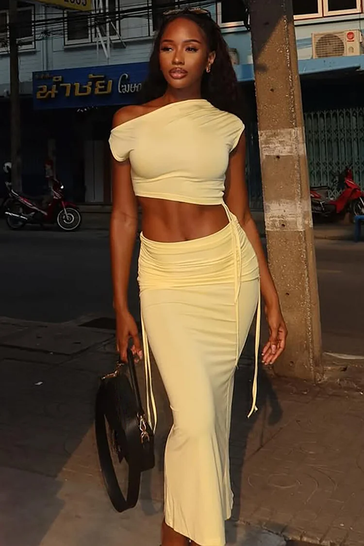 One Shoulder Skew Neck Crop Top Ruched Fitted Midi Skirt 2pcs Set-Yellow