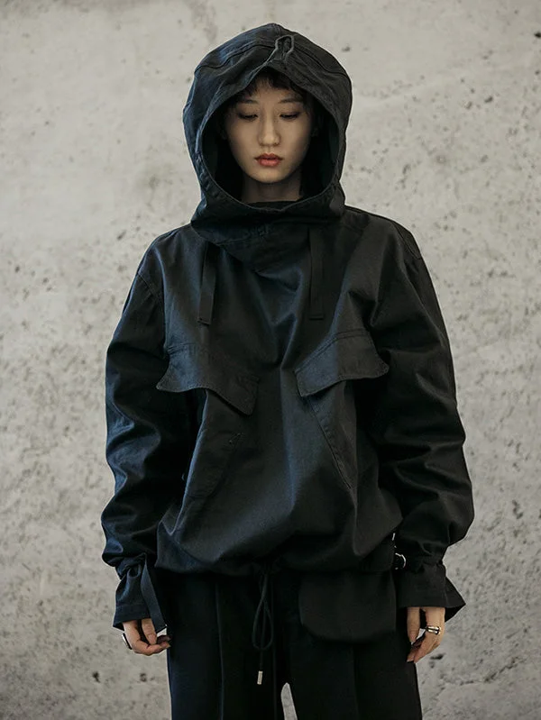 Space Style Loose Black Hooded Drawstring Hem Long Sleeve Sweatshirt