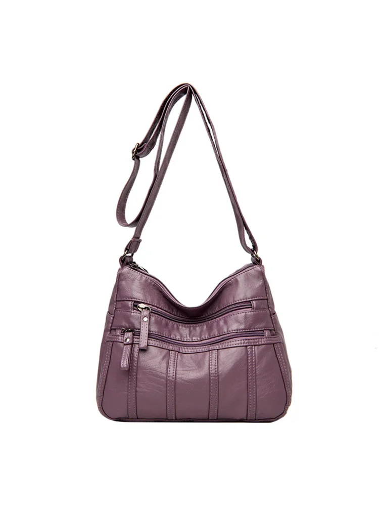 Retro Women Washed PU Crossbody Bag Multi Pocket Shoulder Handbags (Purple)