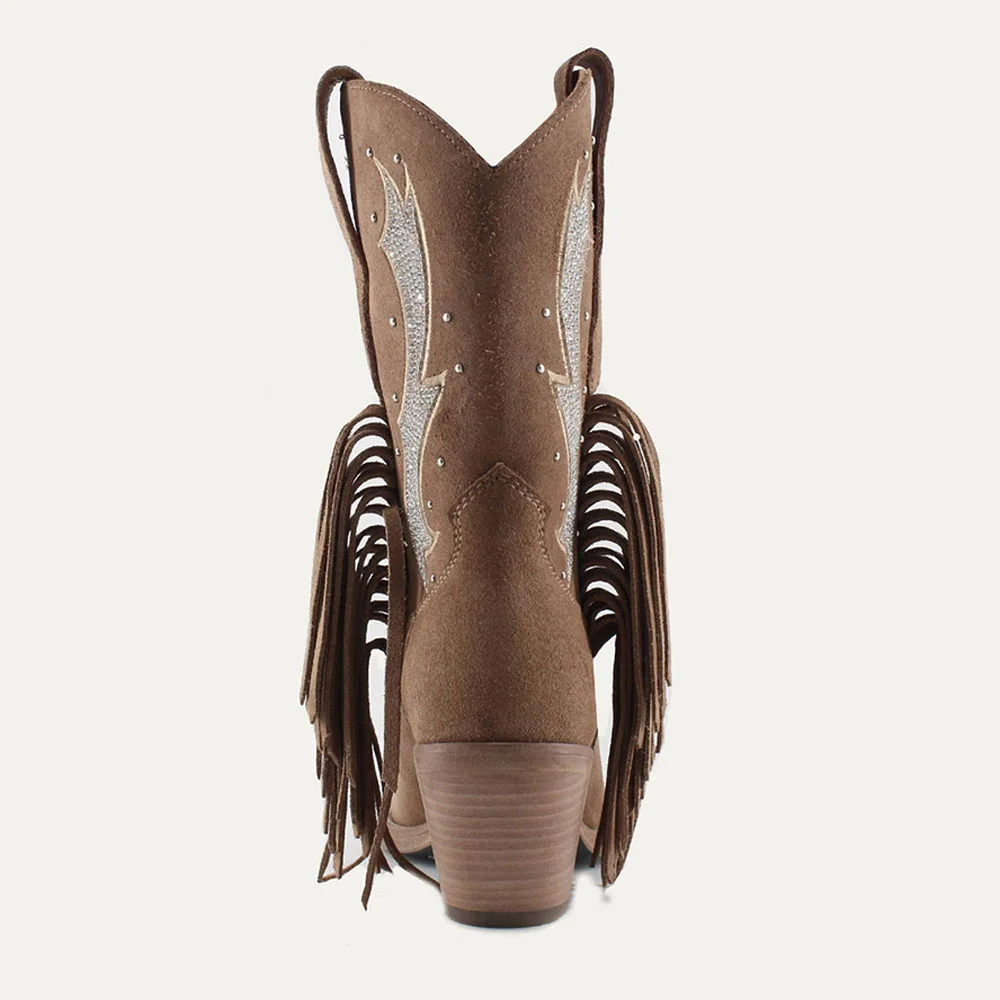 Brown Rhinestone Stacked Heel Fringe Western Boots for Women