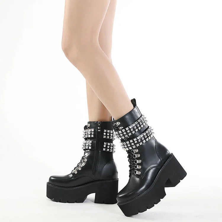 Vintage Lace-Up Platform Block Heel Rhinestone Ankle Boots Vdcoo