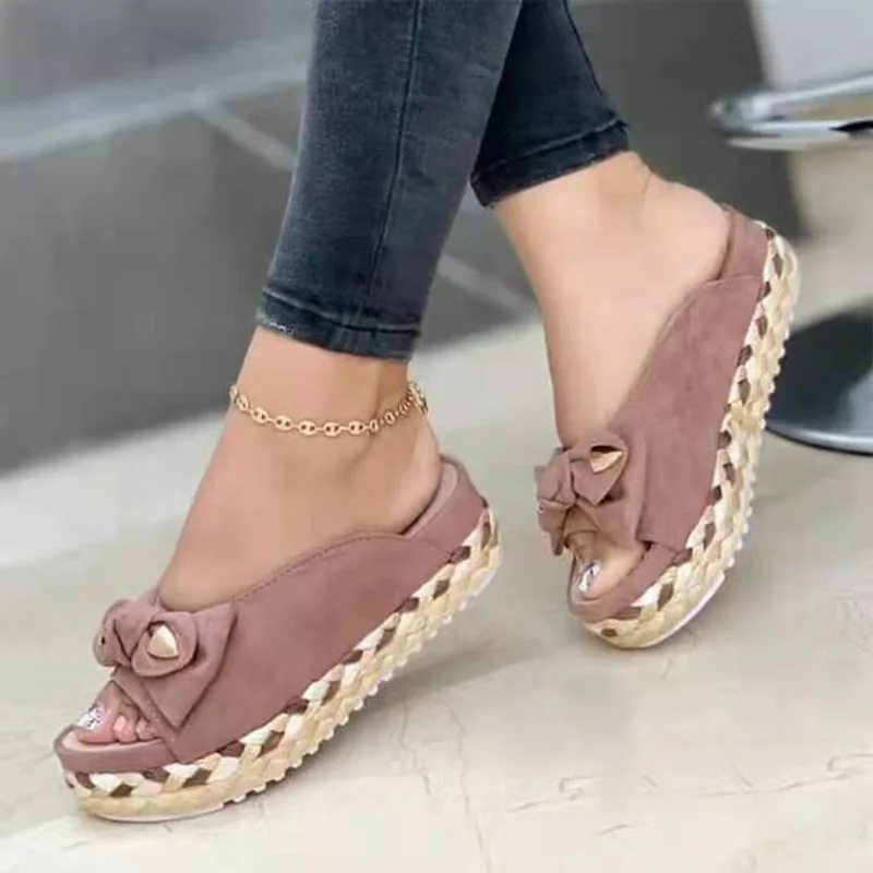 Qengg 2022 Summer women sandals Fashion Casual Ladies Slippers Bowknot Platform Slippers women plus size Woven Belt Sandals