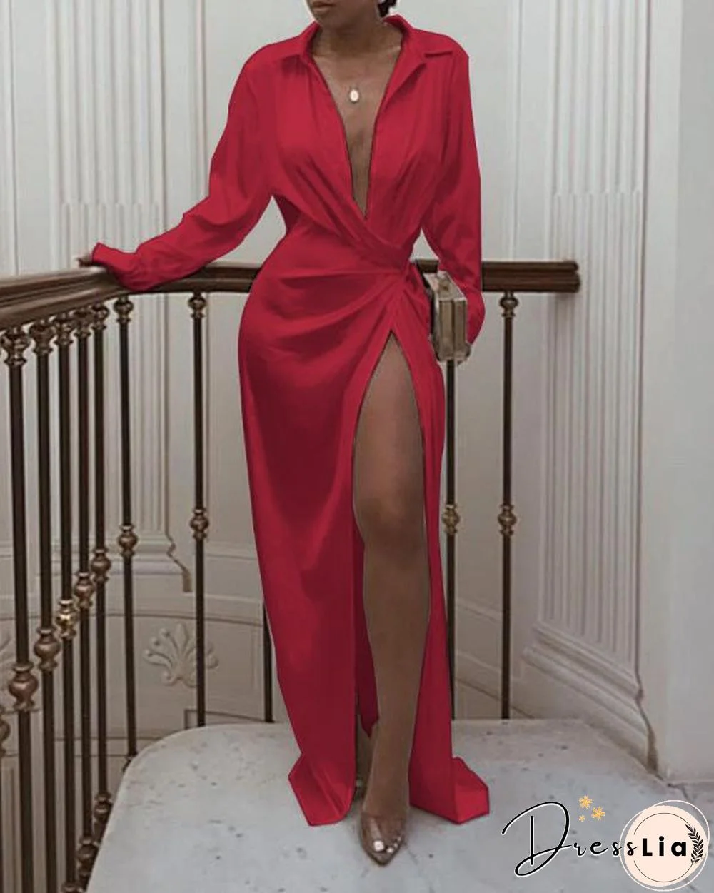 High Waist Slit Floor Length Dress Long Sleeve Lapel Sexy Dress