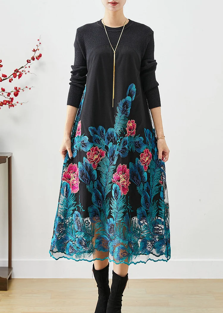 Art Blue Embroideried Floral Knit Long Dress Fall