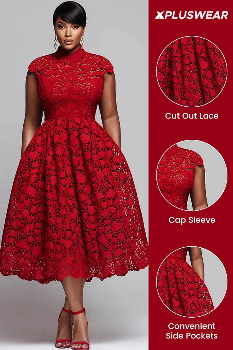 Xpluswear Design Plus Size Valentines Red Round Neck Pocket Elegant Cut Out Lace Midi Dresses