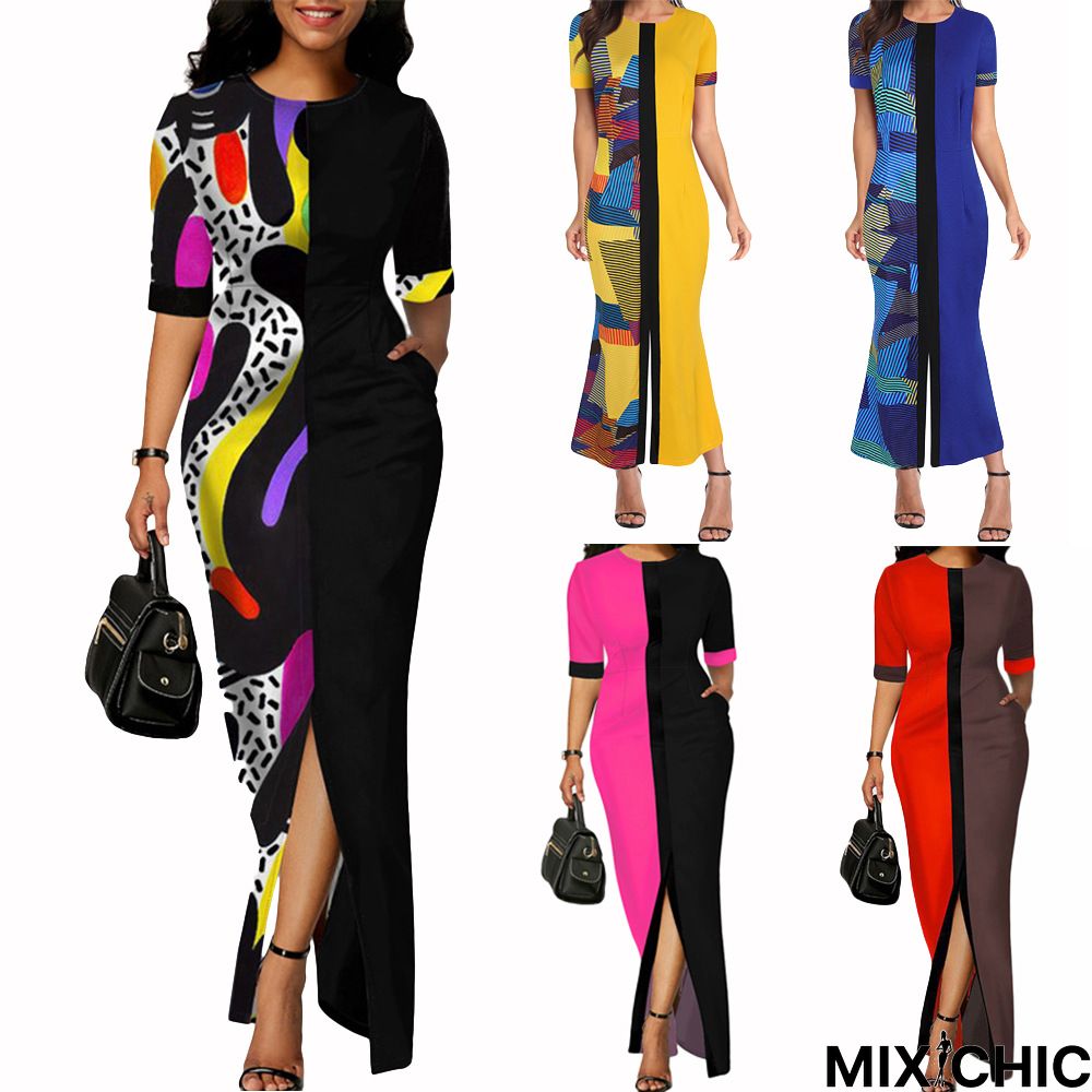 Fashion Short Sleeve Printed Dress Stitching Pocket Slit Skirt