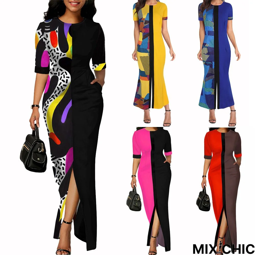 Fashion Short Sleeve Printed Dress Stitching Pocket Slit Skirt