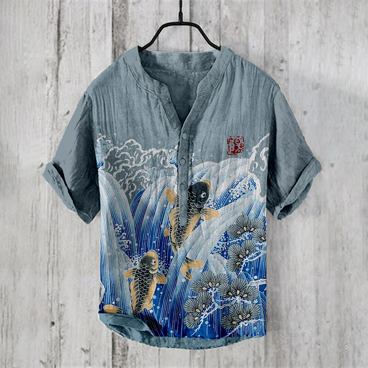 Vintage Japanese Koi Wave Art Linen Blend Shirt