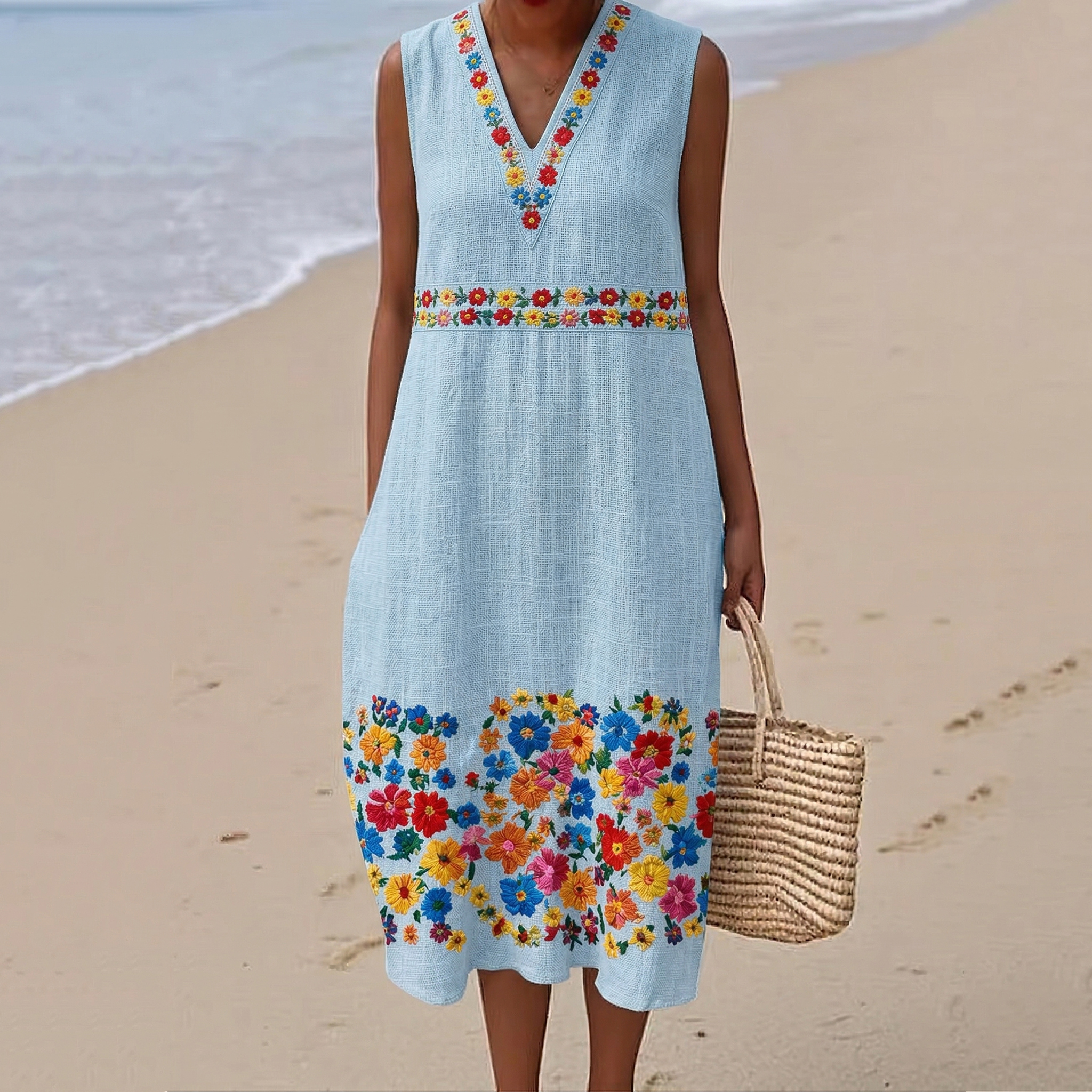 Women's Bohemian Floral V-neck Pattern Sleeveless Loose Midi Dress elevenforest