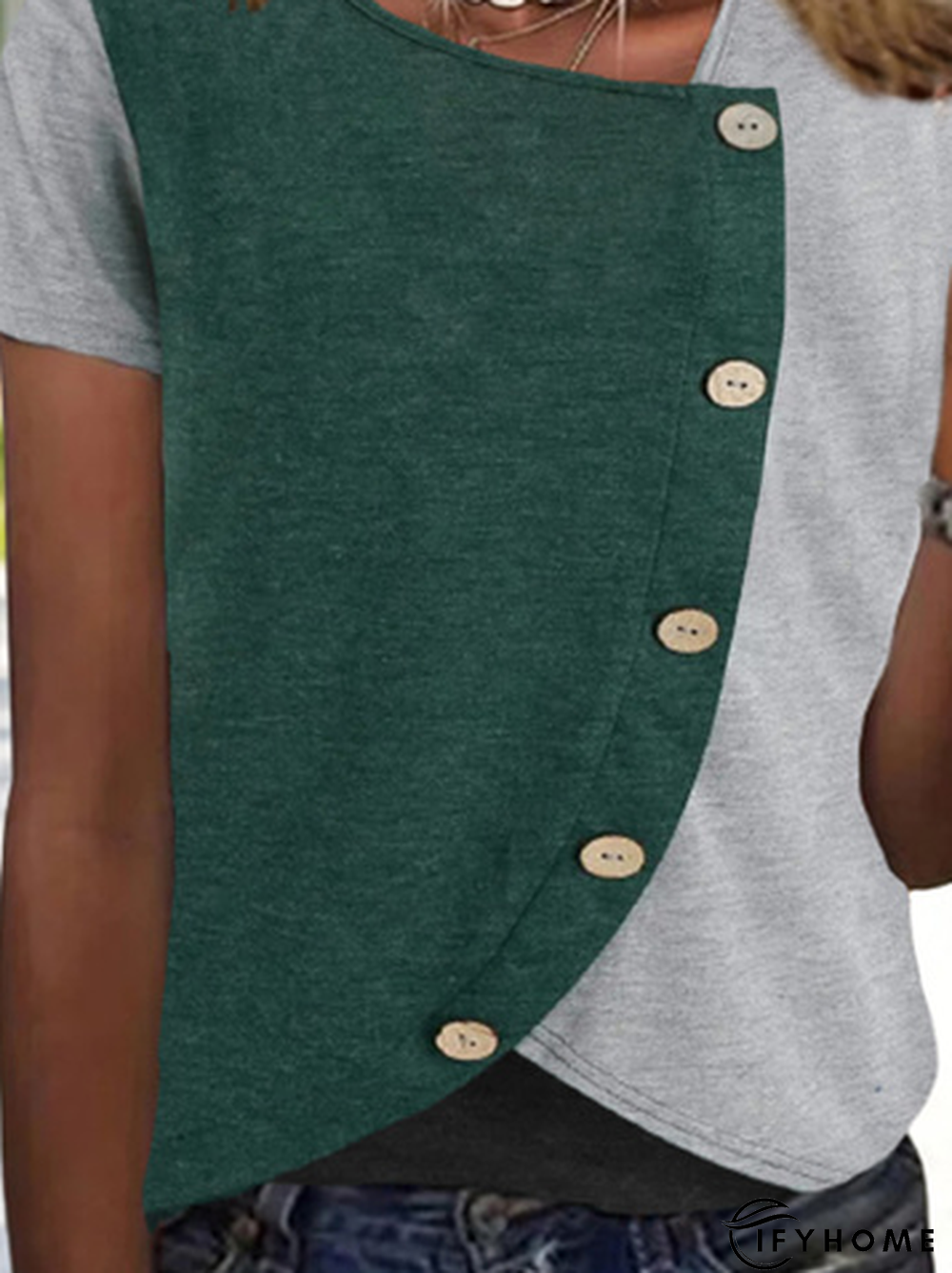 Color Block Short Sleeve Buckle Asymmetrical Neck Casual T-Shirt | IFYHOME