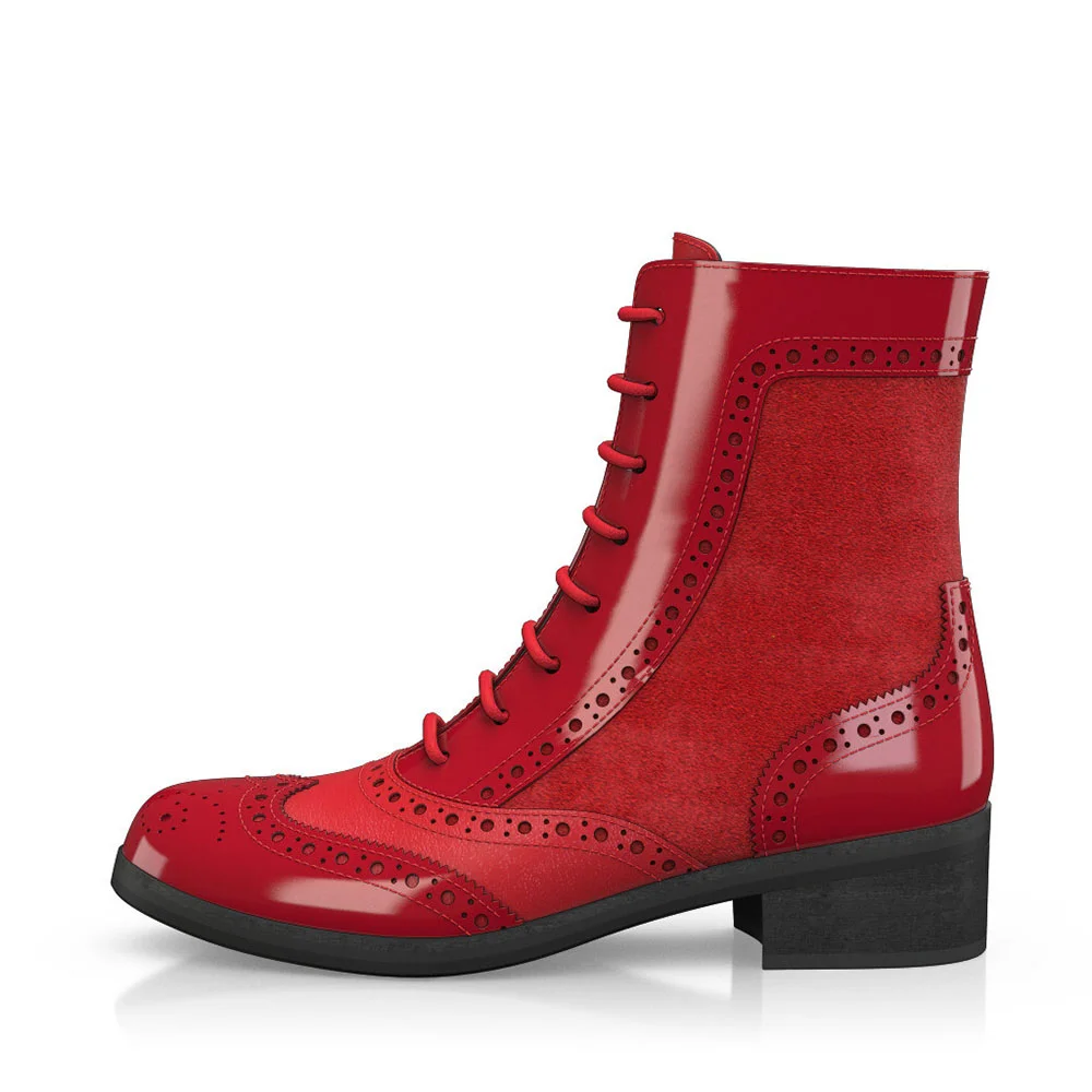 Red Patent Leather Chunky Heel Booties Brogue Lace-Up Ankle Boots Nicepairs