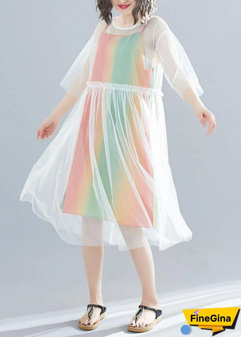 Vivid half sleeve tulle quilting clothes pattern white Dress summer