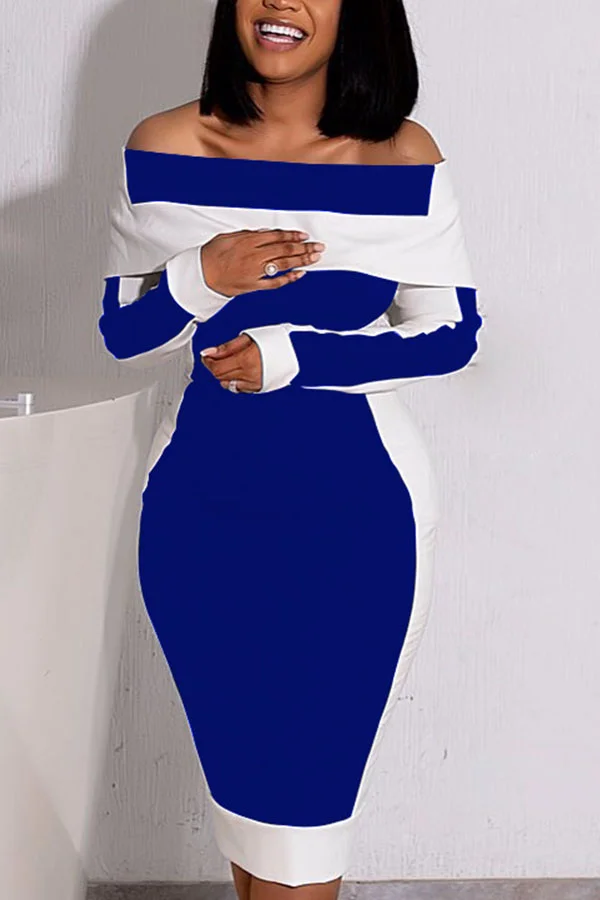 Blue Fashion Casual Polyester Geometric Patchwork Solid Split Joint Backless Basic Bateau Neck Long Sleeve Knee Length Pencil Skirt Dresses