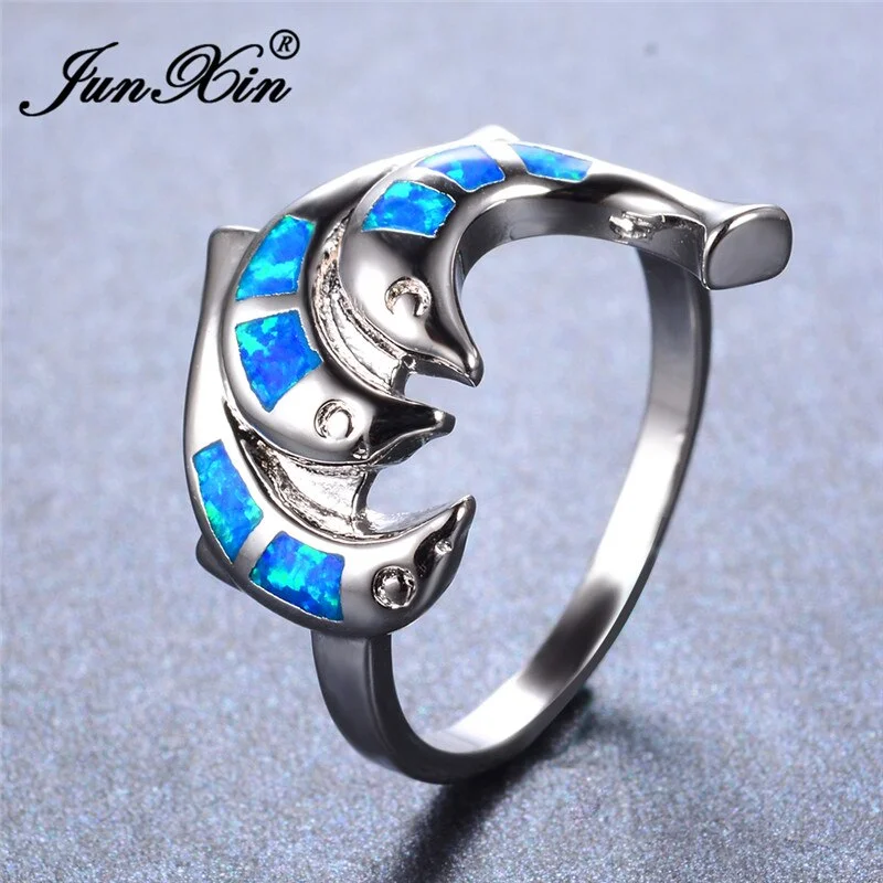 JUNXIN New Silver Color Three Dolphin Rings For Women Mystic Blue Fire Opal Ring Best Valentine's Day Gifts RP0134
