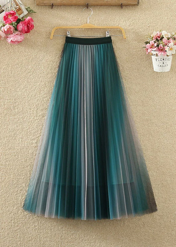 Women Gradient Color Wrinkled Elastic Waist Tulle Skirts Summer