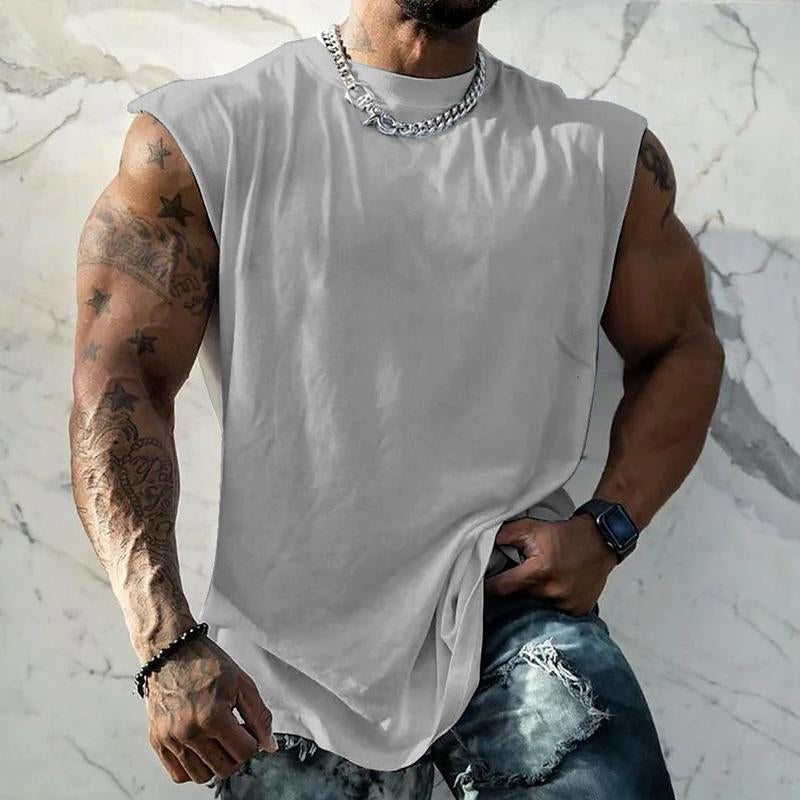Men's Solid Color Wide Shoulder Round Neck Sports Tank Top