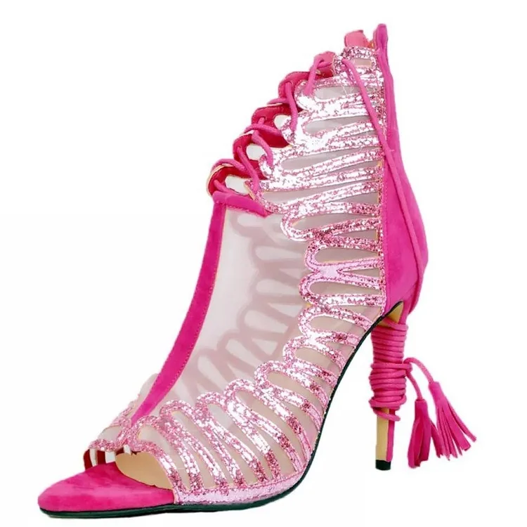 Hot Pink Fashion Glitter Peep Toe Fringe Stiletto Heels Sandals |FSJ Shoes