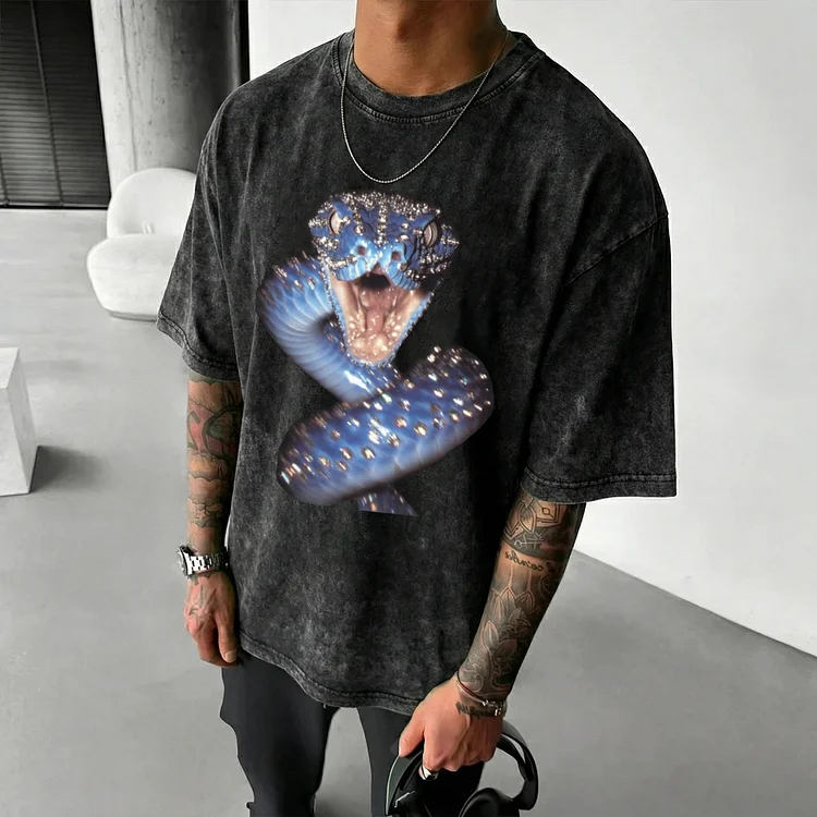 Snake Rhinestone Design Print Washed T-Shirt